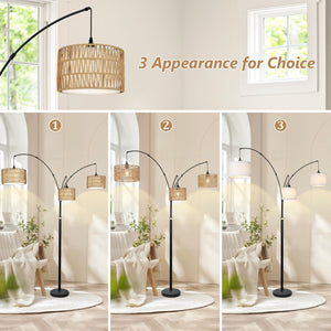 3-Light Dimmable Arc Floor Lamp with Rattan & Fabric Shades