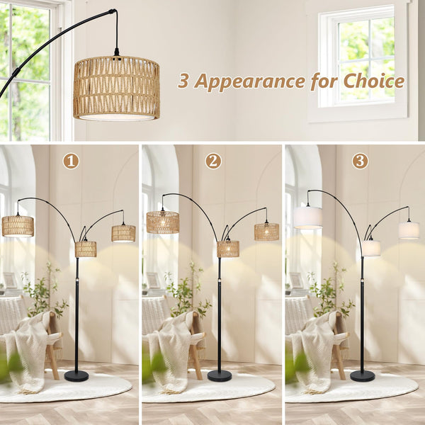 3-Light Dimmable Arc Floor Lamp with Rattan & Fabric Shades