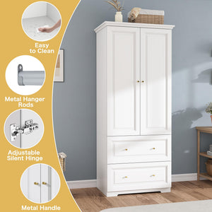 White Wardrobe Closet with 2 Drawers & Hanging Rod