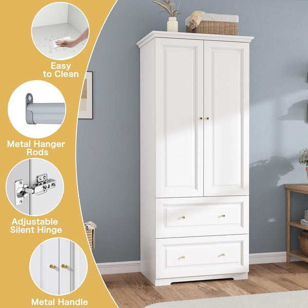 White Wardrobe Closet with 2 Drawers & Hanging Rod