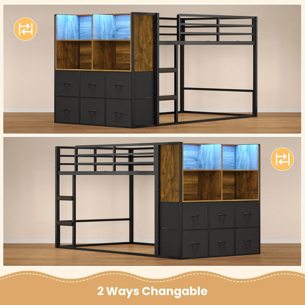 Twin Over Twin Bunk Bed with Storage & LED Lights
