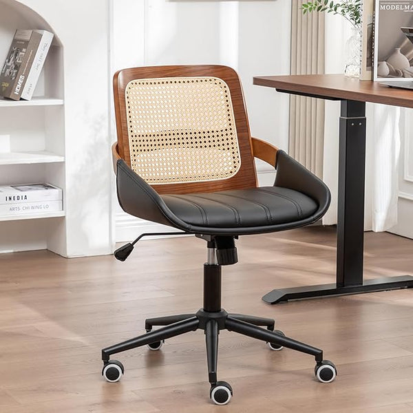 Rattan Back Office Chair with Faux Leather & Caster Wheels