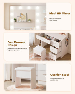 Makeup Vanity Table with HD Mirror, LED Bulbs, Drawers & Stool