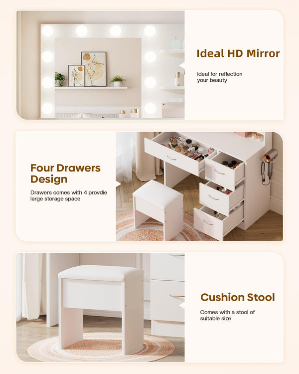 Makeup Vanity Table with HD Mirror, LED Bulbs, Drawers & Stool