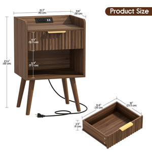 Nightstand Set of 2 with Charging Station, Drawer & RGB LED – Walnut
