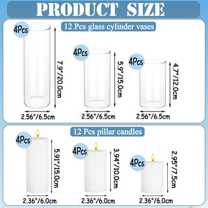 Glass Hurricane Candle Holders with White Pillar Candles Set of 12
