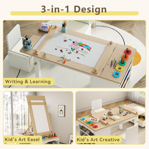 Kids 3-in-1 Art Table and Chair Set with Easel, Storage & Paper Roll