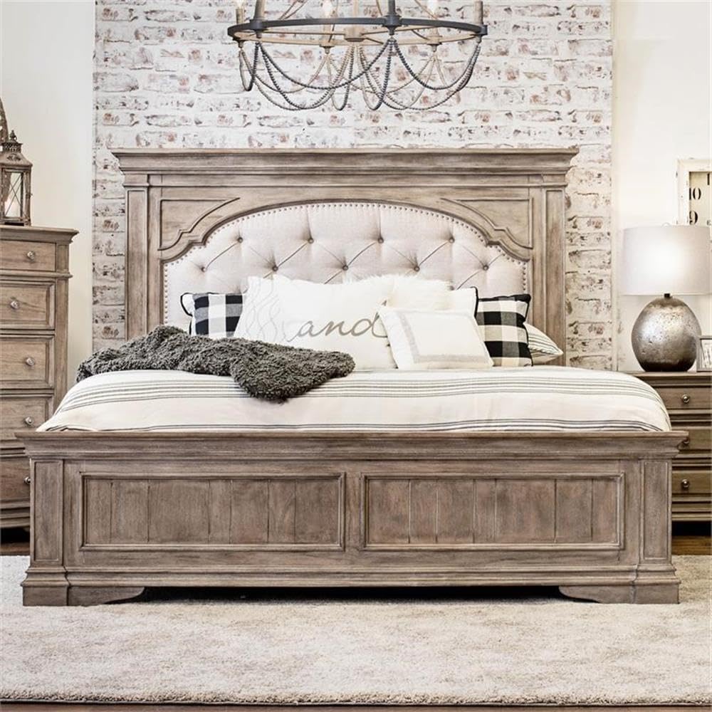 King Panel Bed – Upholstered Headboard, Distressed Driftwood Finish