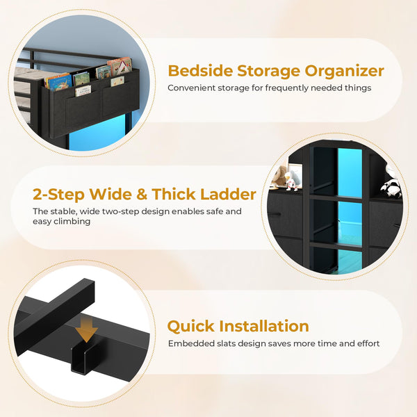 Twin Kids Loft Bed with Storage Drawers, Bookcase & LED Lights