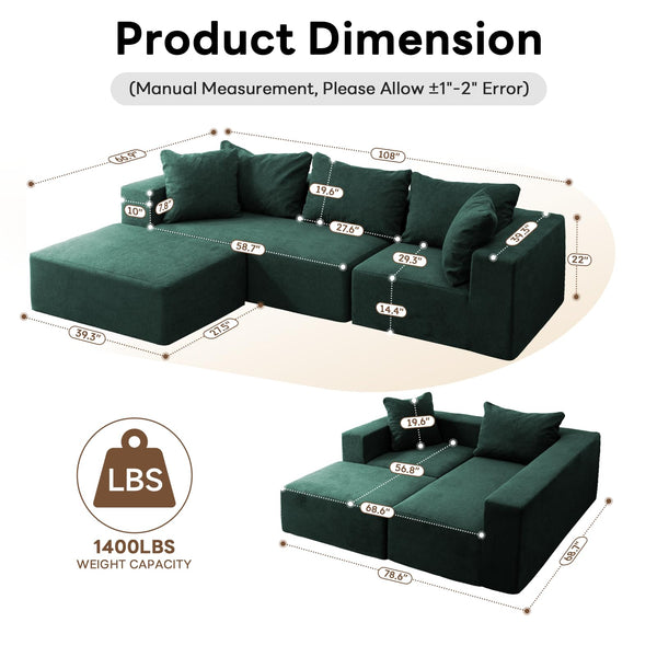 Modular L-Shaped Sectional Sofa with Deep Seat