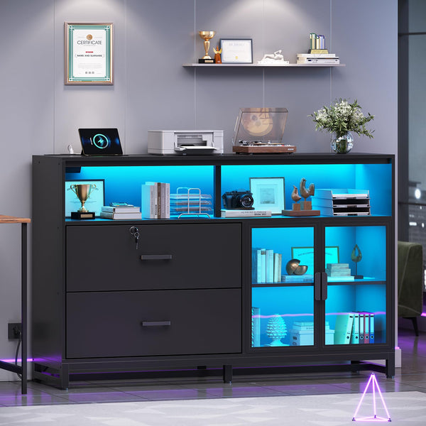 59" File Cabinet with 2 Drawers, Lock & Power Outlets