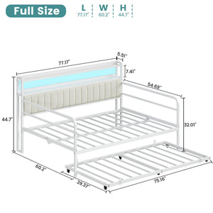 Daybed with Trundle, LED Lights & Charging Station – Metal Sofa Bed with Storage Shelves
