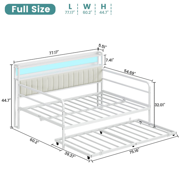Daybed with Trundle, LED Lights & Charging Station – Metal Sofa Bed with Storage Shelves