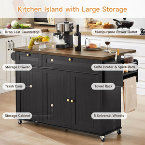 60" Kitchen Island Cart with Power Outlet & Drop Leaf