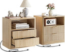 Fluted Nightstand Set of 2 with Charging Station, Drawers & Open Shelves