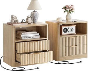 Fluted Nightstand Set of 2 with Charging Station, Drawers & Open Shelves