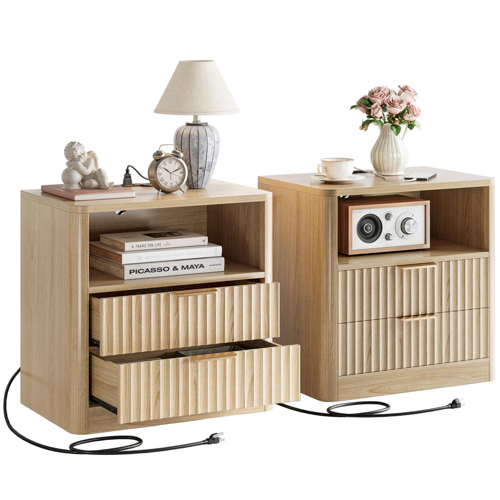 Fluted Nightstand Set of 2 with Charging Station, Drawers & Open Shelves