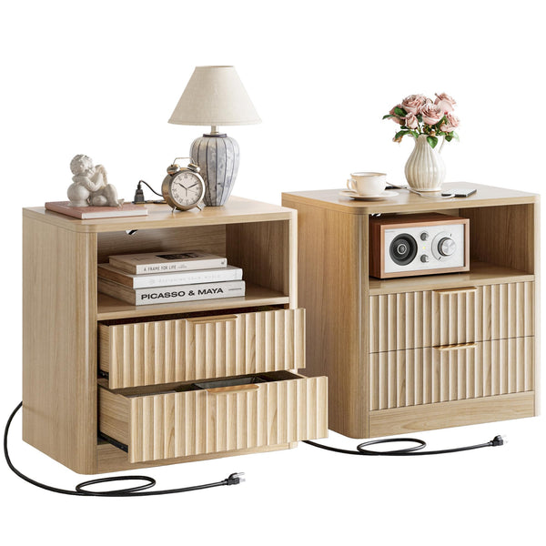 Fluted Nightstand Set of 2 with Charging Station, Drawers & Open Shelves