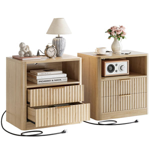 Fluted Nightstand Set of 2 with Charging Station