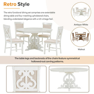 Extendable Round Dining Table Set for 4-6 with Upholstered Chairs
