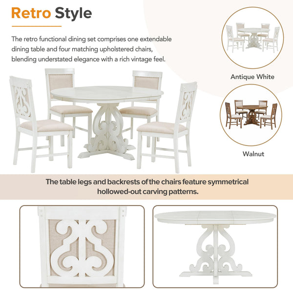 Extendable Round Dining Table Set for 4-6 with Upholstered Chairs