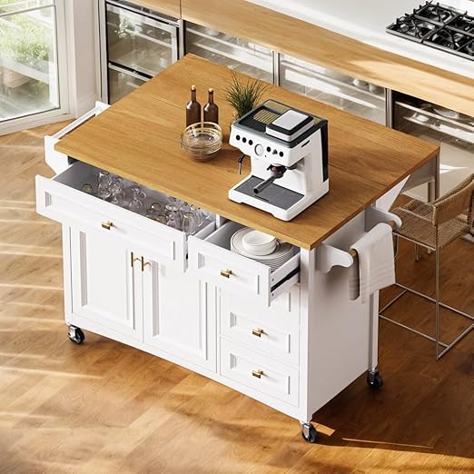 54" Rolling Kitchen Island with Drop Leaf & Storage Drawers