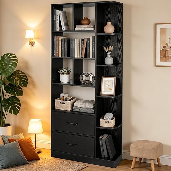 5-Tier Bookshelf with 2 Fabric Drawers – White & Black