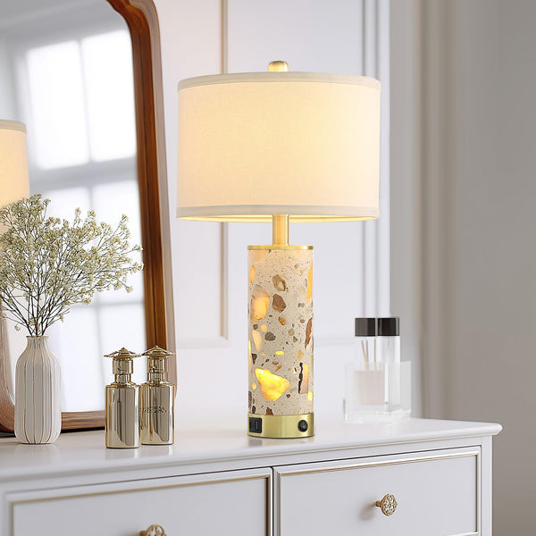 Stone Table Lamp with Night Light & USB Ports – Set of 2