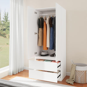 Wooden Armoire Wardrobe Closet with Drawers & Hanging Rod