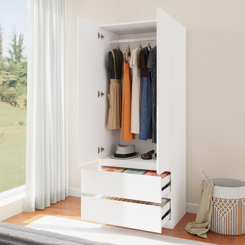 Wooden Armoire Wardrobe Closet with Drawers & Hanging Rod