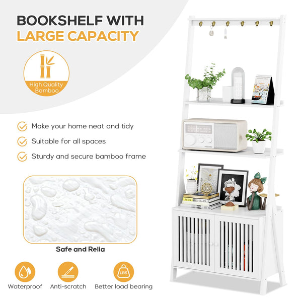 4-Tier Bamboo Ladder Bookshelf with Drawers & Hooks