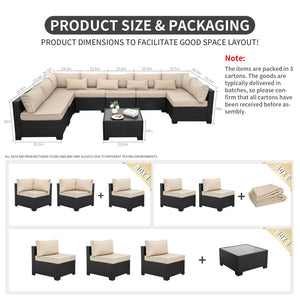 9-Piece Outdoor Wicker Sectional Patio Furniture Set with Glass Table & Cushions