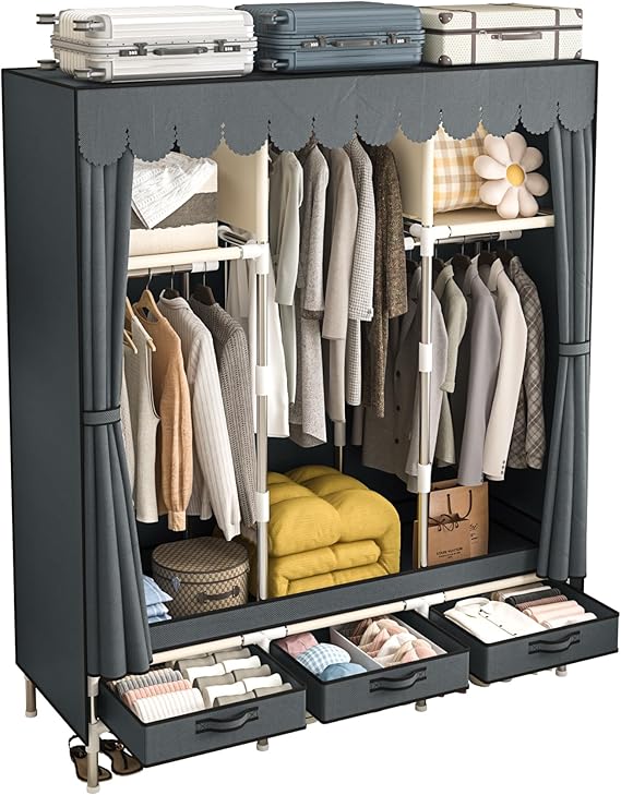 Portable Wardrobe with Hanging Rods & Drawers