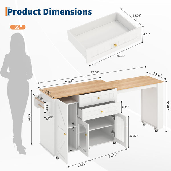 Extendable Rolling Kitchen Island with Storage Cabinet, Drawers & Shelves