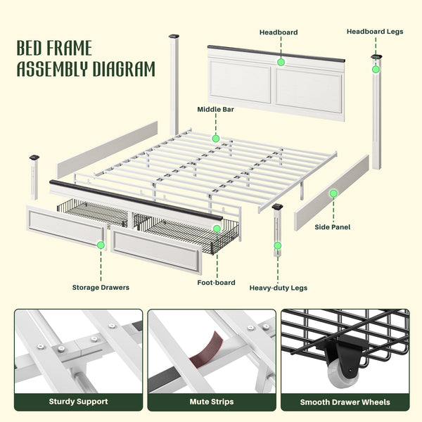 Farmhouse King Bed Frame with Storage Drawers & Headboard, White