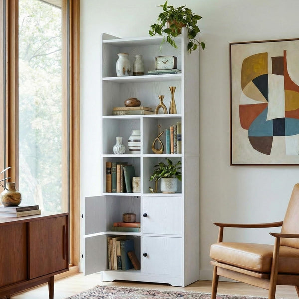 Tall Bookshelf with Doors & Storage – 74.6" White