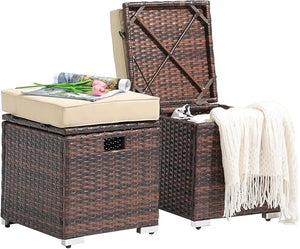 Outdoor Storage Ottoman Set of 2 – PE Rattan Wicker with Cushion