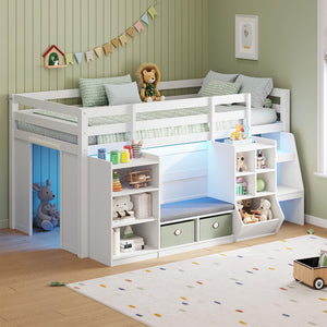 Twin Low Loft Bed with Storage, LED Lights & Reading Nook