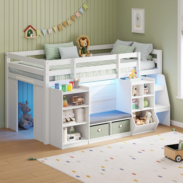 Twin Low Loft Bed with Storage, LED Lights & Reading Nook