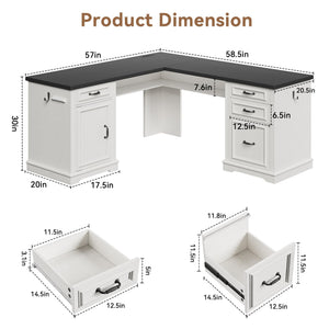 L-Shaped Farmhouse Executive Desk with Drawers & Charging Station