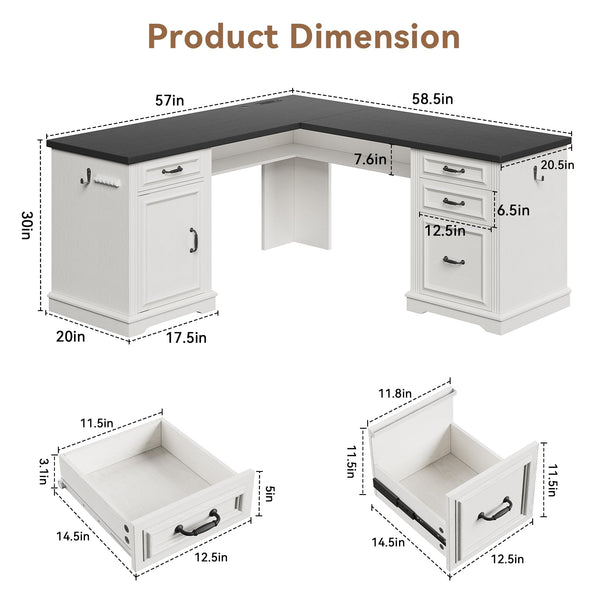 L-Shaped Farmhouse Executive Desk with Drawers & Charging Station