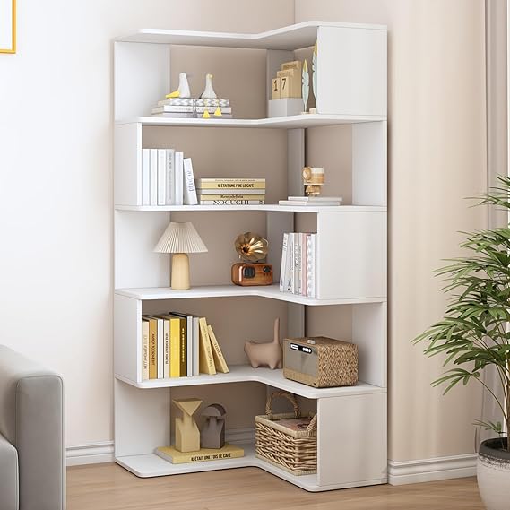 6-Tier L-Shaped Corner Bookshelf, 66" Tall
