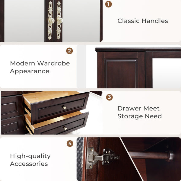 4-Door Solid Wood Armoire Wardrobe with Mirrors & Drawers