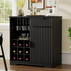 Fluted Coffee Bar Cabinet with Glass Holder & Wine Rack – Black