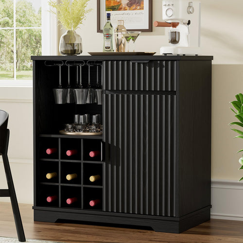 Fluted Coffee Bar Cabinet with Glass Holder & Wine Rack – Black