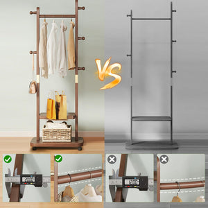 Solid Wood Coat Rack with 2-Tier Shelves, 5 Hooks & Wheels
