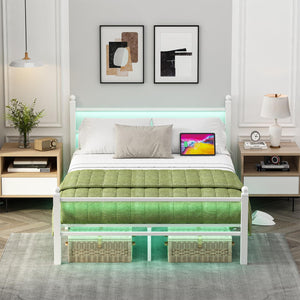 Full Size Bed Frame with LED Lights & Charging Station