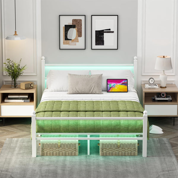 Full Size Bed Frame with LED Lights & Charging Station