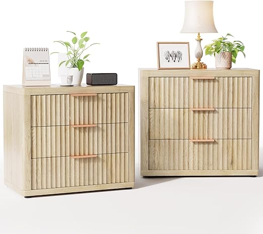 3-Drawer Nightstand with Fluted Design & Metal Handle