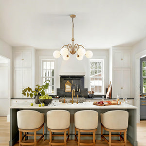 6-Light Brushed Gold Globe Chandelier with Milk Glass Shades